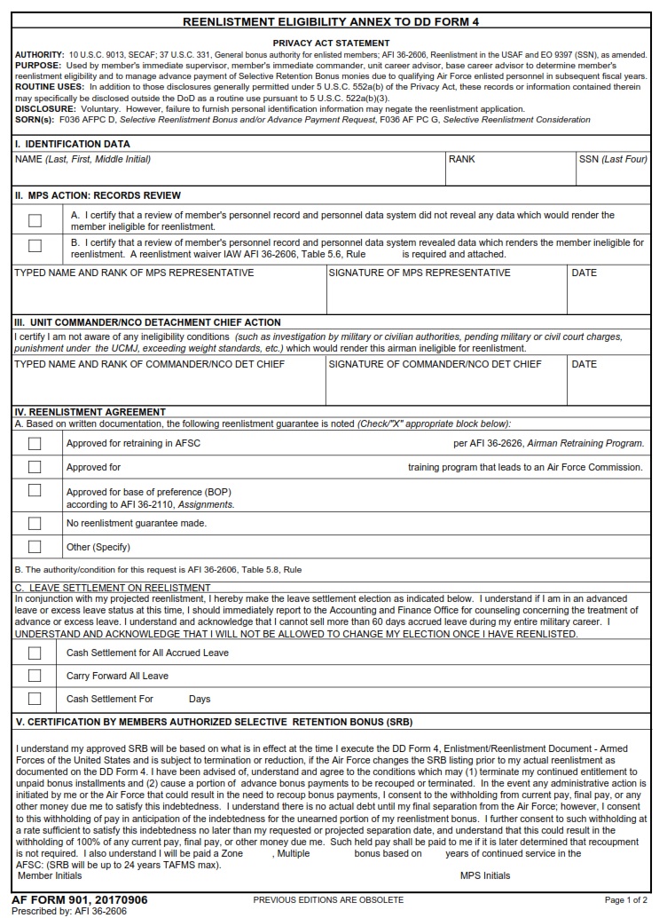AF Form 901 Reenlistment Eligibility Annex To DD Form 4 AF Forms