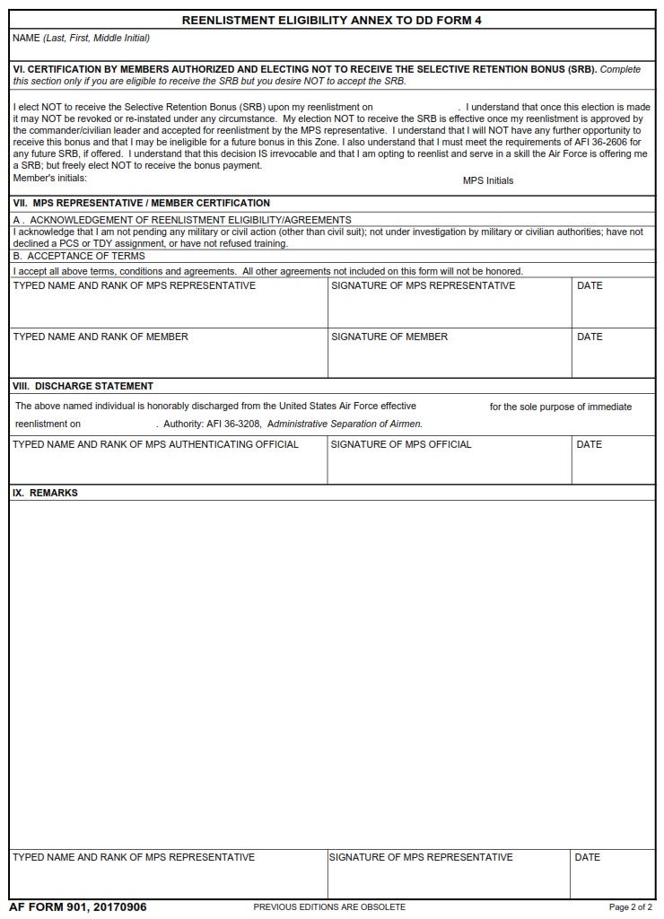 AF Form 901 Reenlistment Eligibility Annex To DD Form 4 AF Forms