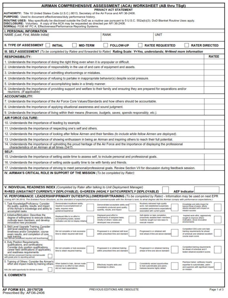 AF Form 931 – Airman Comprehensive Assessment (AB THRU TSGT) - AF Forms