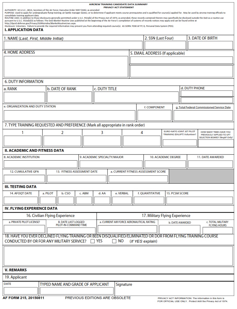 AF Form 215 Aircrew Training Candidate Data Summary AF Forms