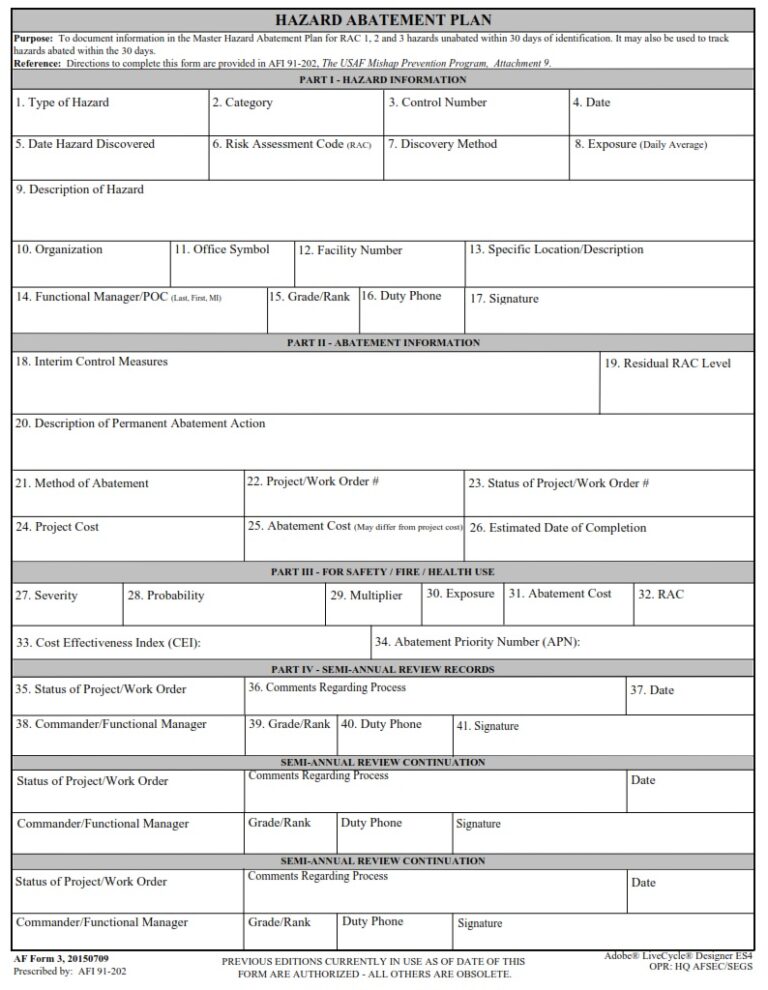 AF Form 3 Hazard Abatement Plan AF Forms AF Form 3 Hazard Abatement Plan AF Forms