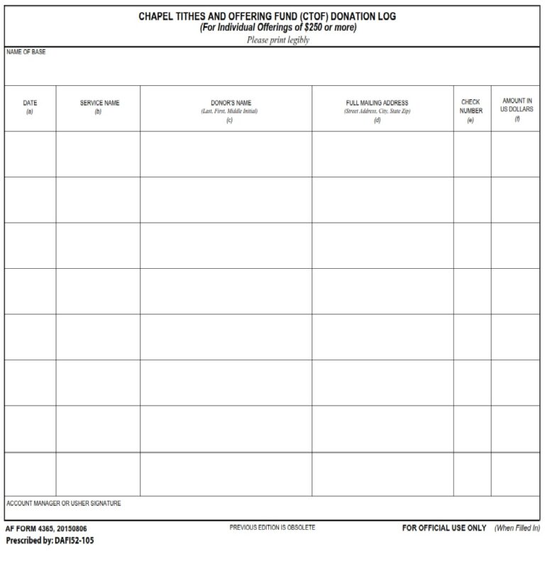 Af Form 4365 – Chapel Tithes And Offering Fund (ctof) Donation Log - Af 