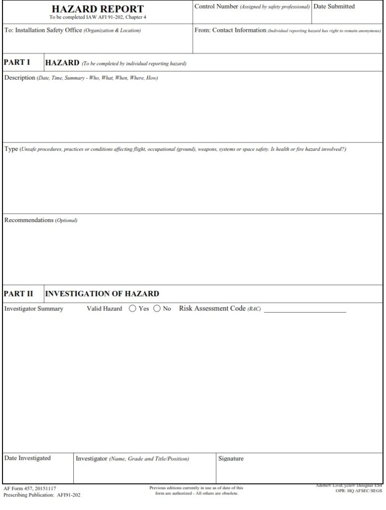 AF Form 457 – Usaf Hazard Report - AF Forms