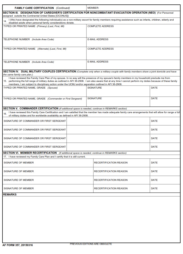 AF Form 357 Family Care Certification AF Forms