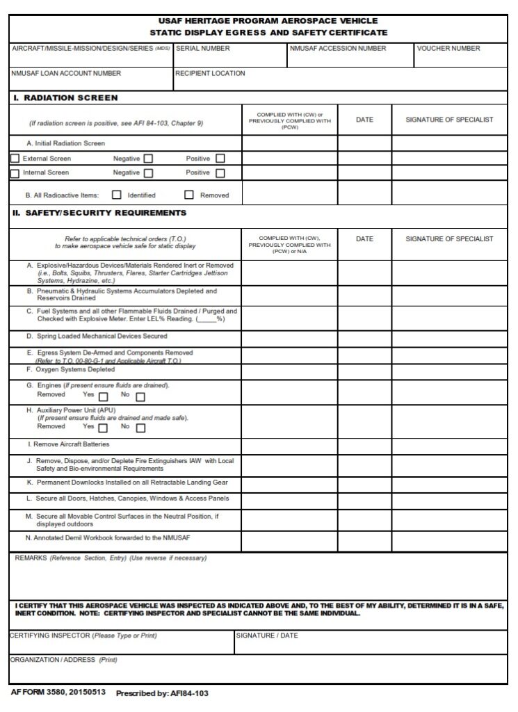 AF Form 3580 – Usaf Heritage Program Aerospace Vehicle Static Display ...