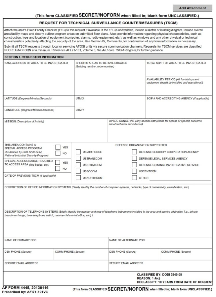 Af Form 4445 Request For Technical Surveillance Countermeasures Tscm