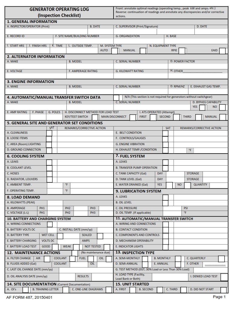 AF Form 487 Generator Operating Log Inspection Checklist AF Forms