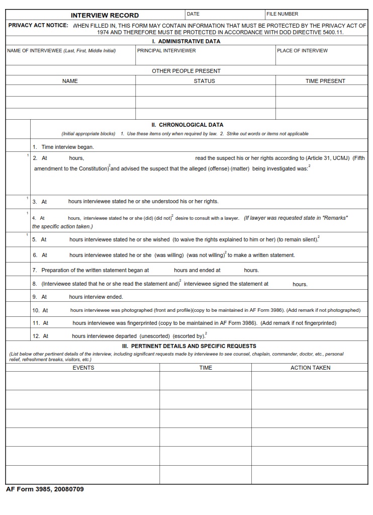 AF Form 3985 Interview Record AF Forms