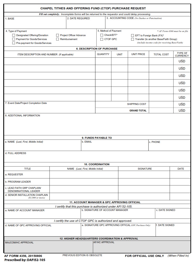AF Form 4356 – Chapel Tithes And Offering Fund (CTOF) Purchase Request ...