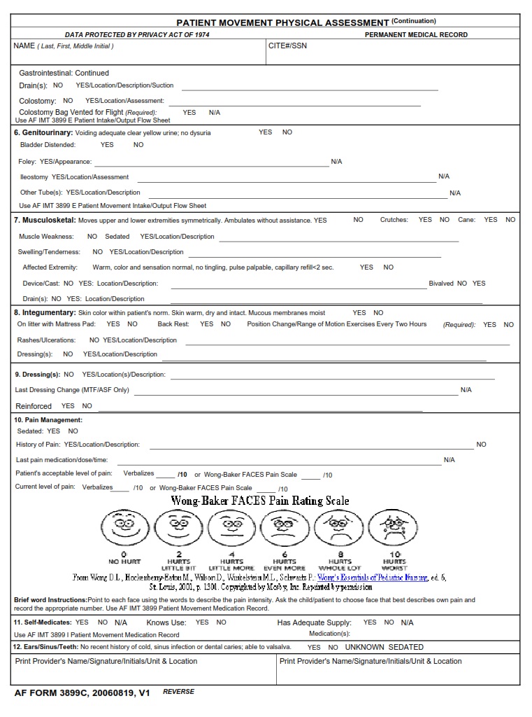 AF Form 3899C Patient Movement Physical Assessment AF Forms
