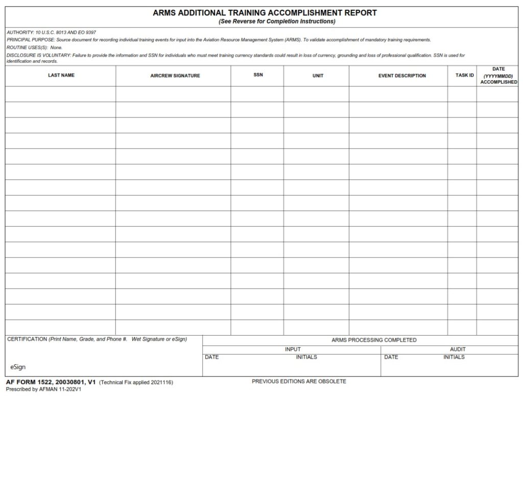 AF Form 1522 – ARMS Additional Training Accomplishment Report - AF Forms