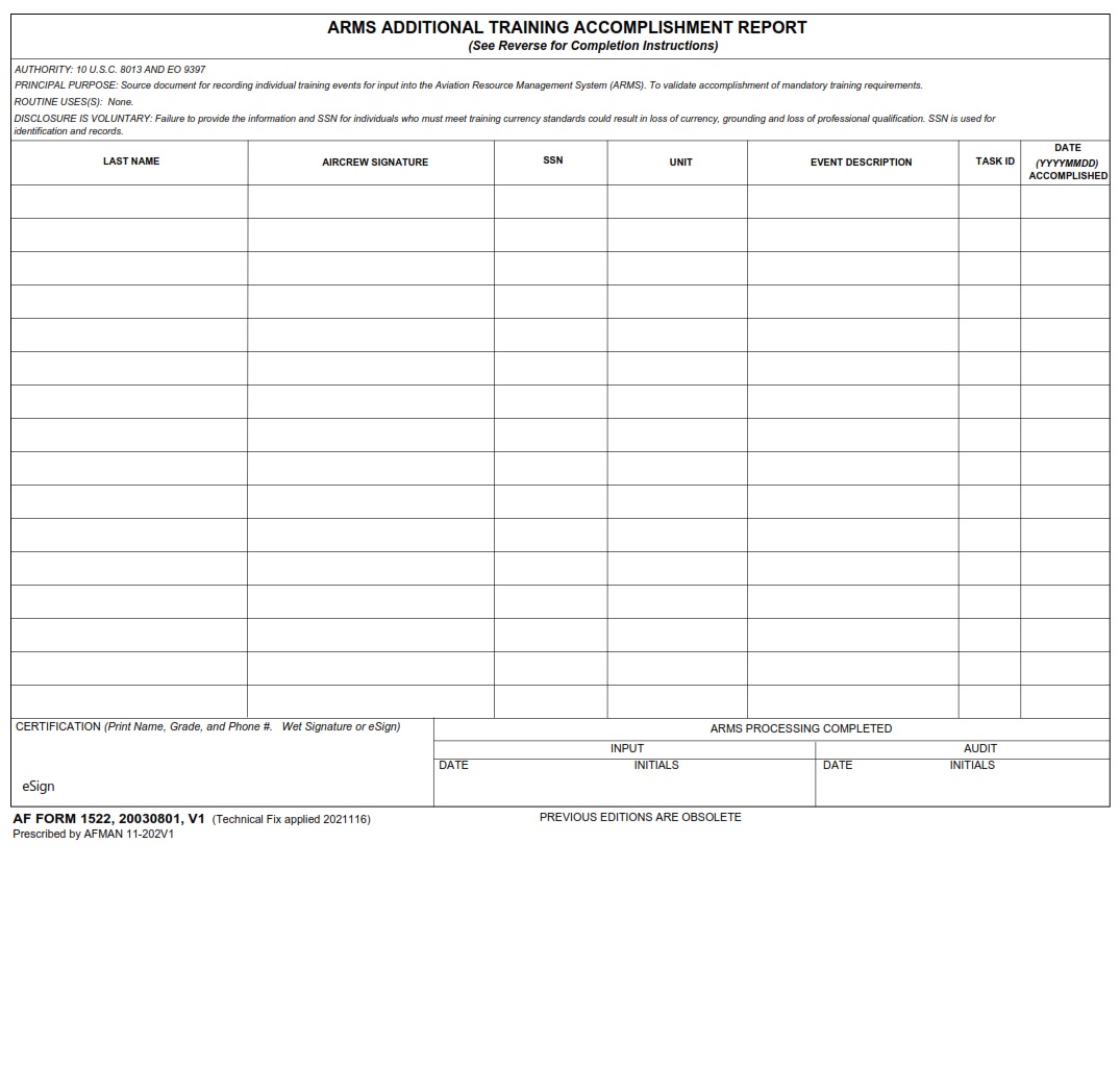 AF Form 1522 ARMS Additional Training Accomplishment Report AF Forms