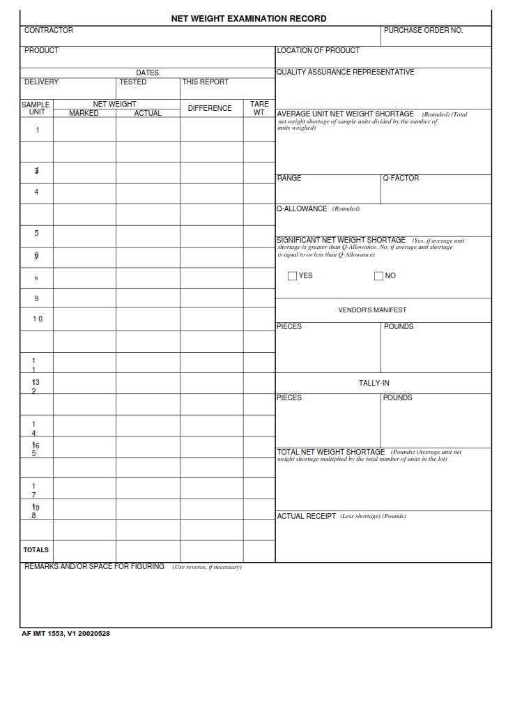 AF Form 1553 – Net Weight Examination Record - AF Forms