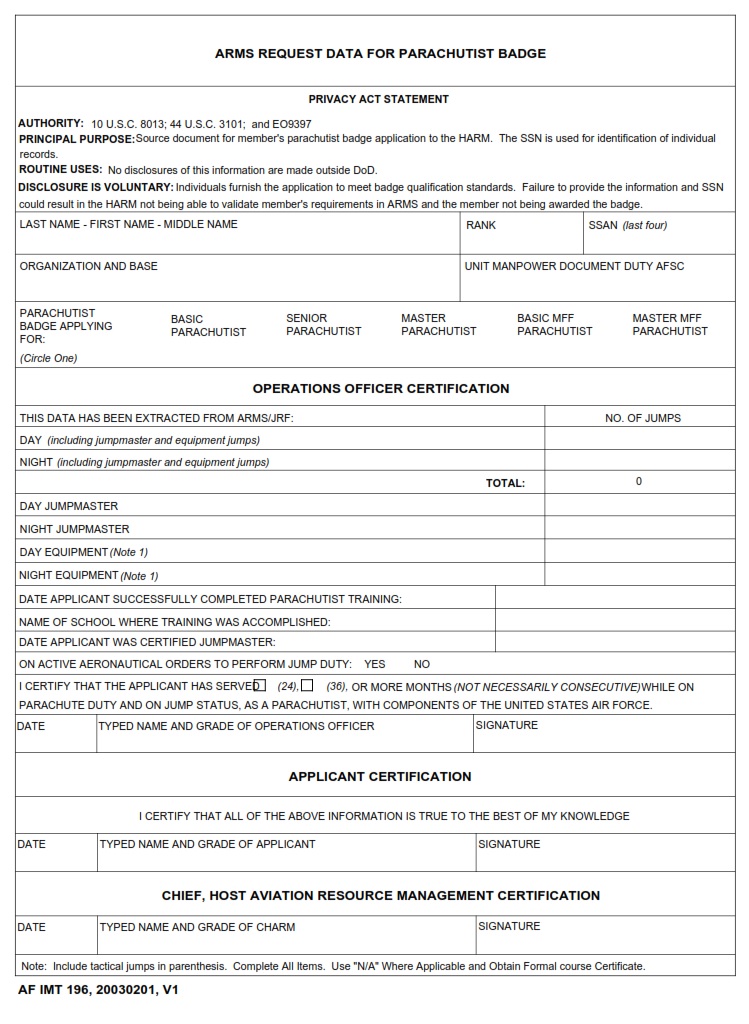 AF Form 196 – Arms Request Data For Parachutist Badge - AF Forms