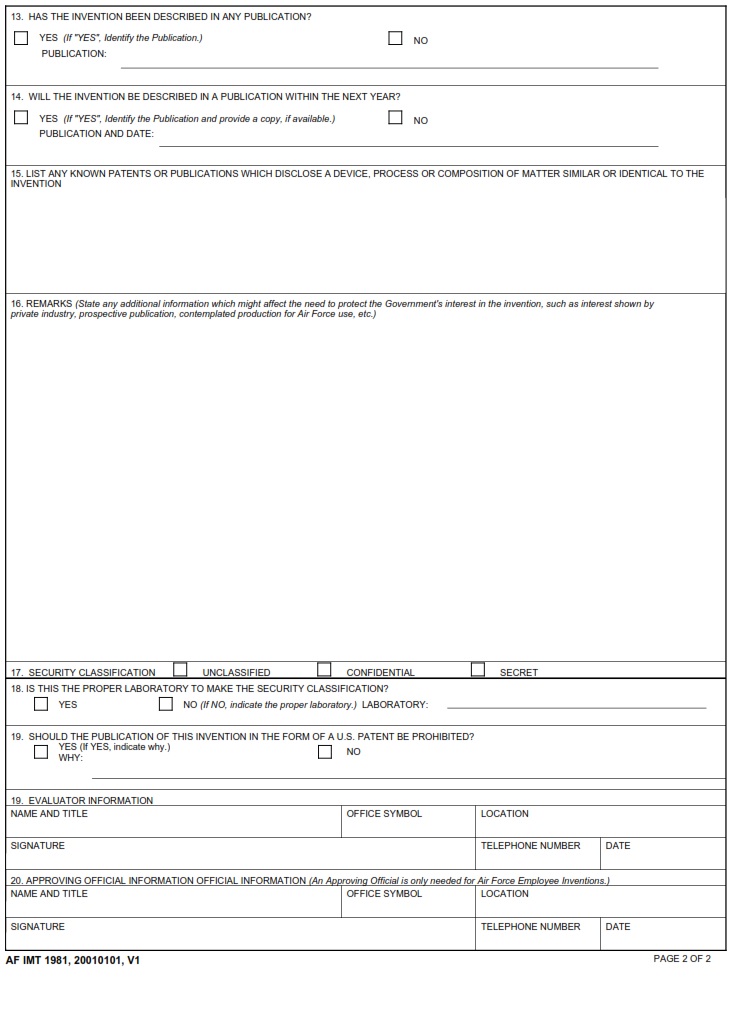 AF Form 1981 Invention Evaluation AF Forms