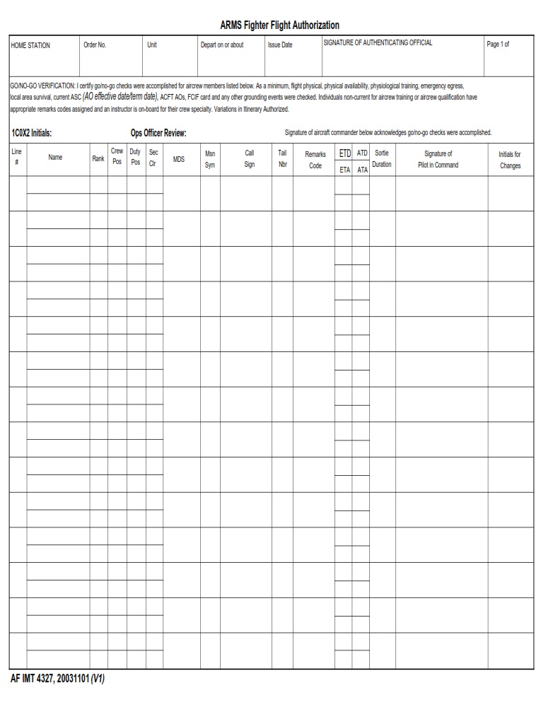 AF Form 4327 ARMS Flight Authorization FA AF Forms