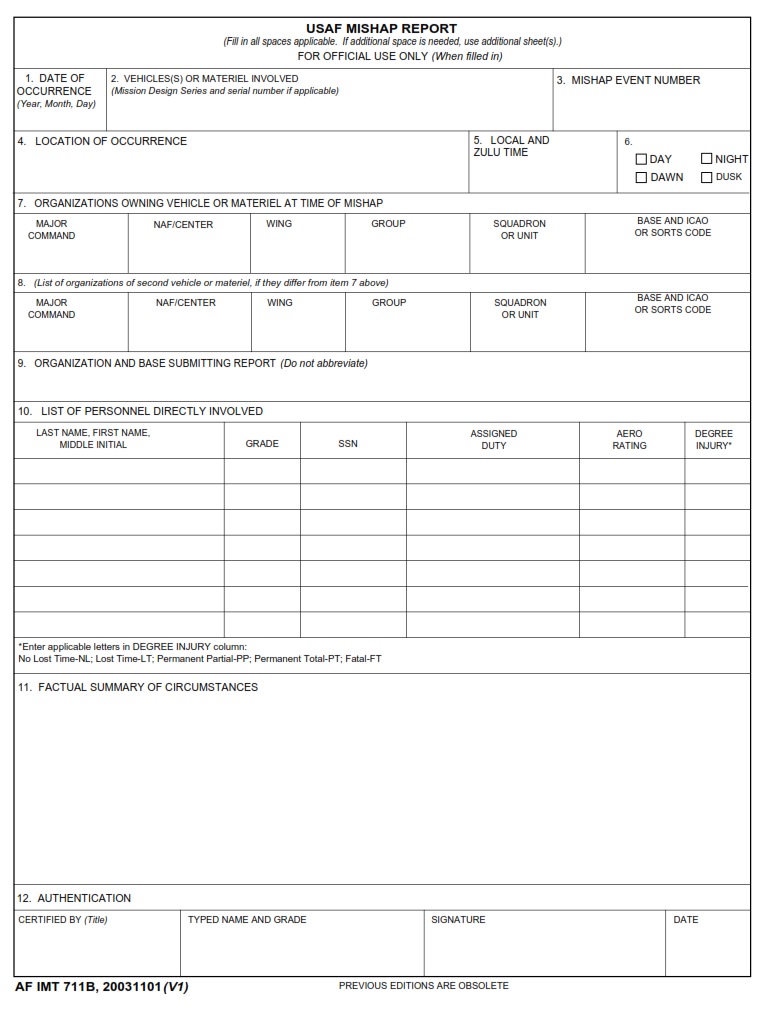AF Form 711B USAF Mishap Report AF Forms