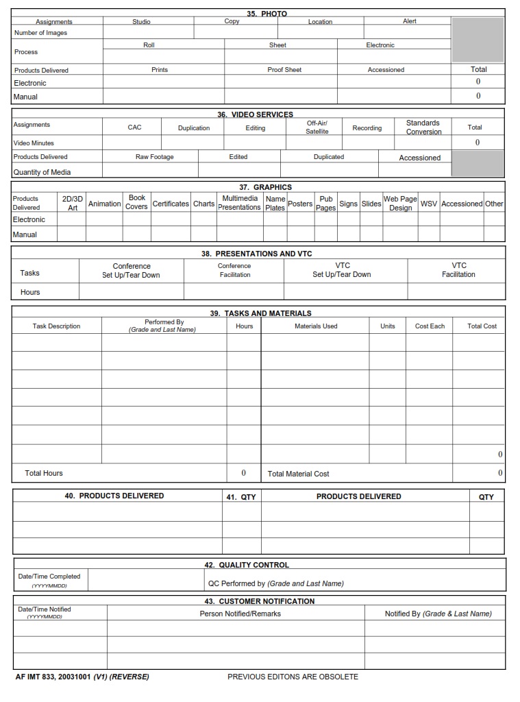 AF Form 833 – Multimedia Work Order - AF Forms
