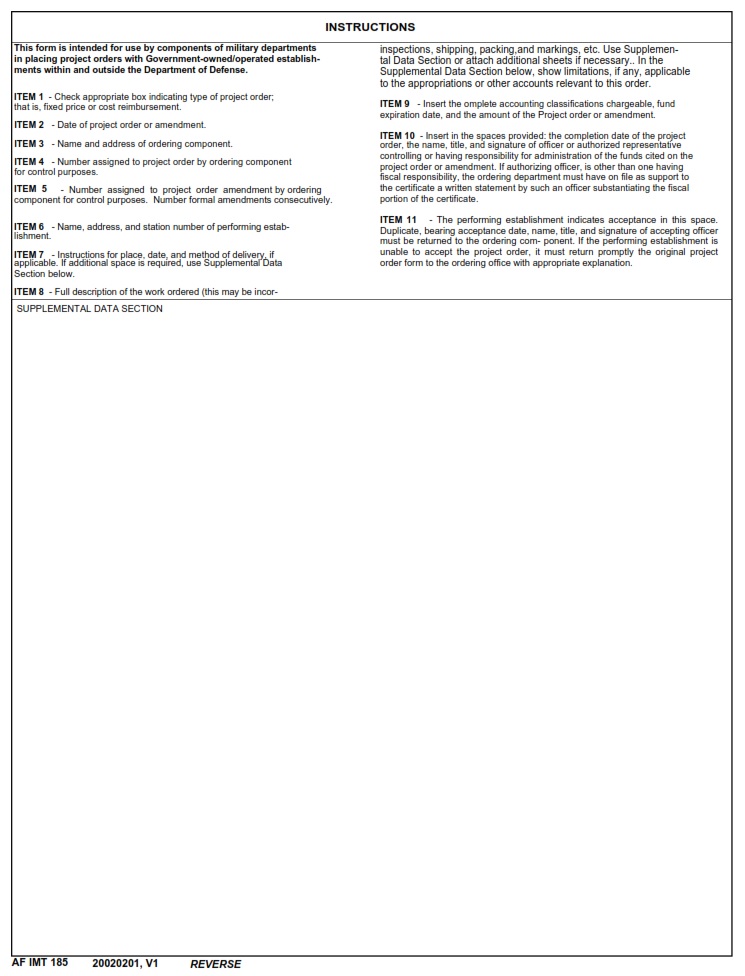 AF Form 185 Project Order AF Forms