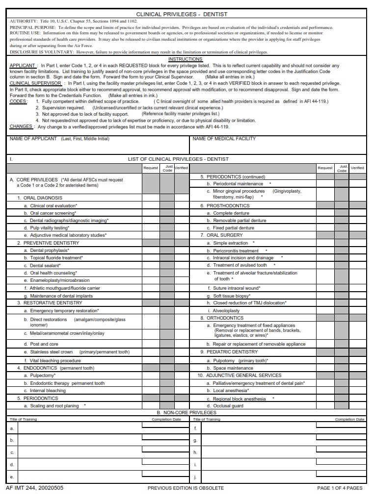 AF Form 244 Clinical Privileges Dentist AF Forms