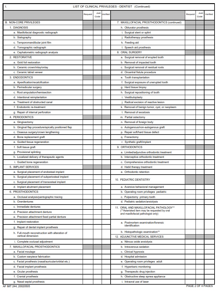 AF Form 244 Clinical Privileges Dentist AF Forms
