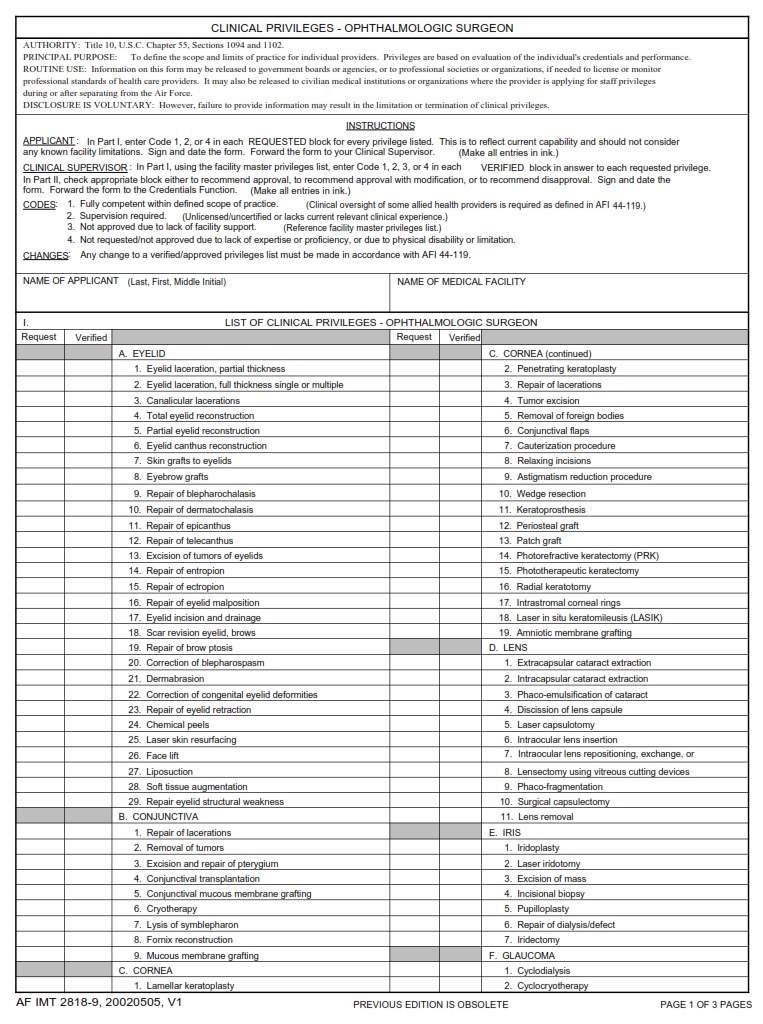 AF Form 2818 9 Clinical Privileges Ophthalmologic Surgeon AF Forms