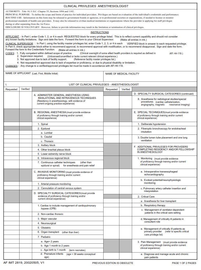 AF Form 2819 Clinical Privileges Anesthesiologist AF Forms