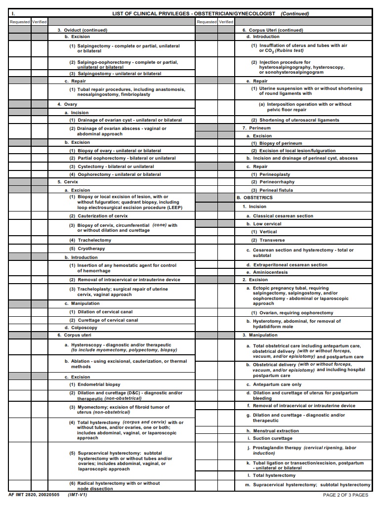 AF Form 2820 Clinical Privileges Obstetrician Gynecologist AF Forms
