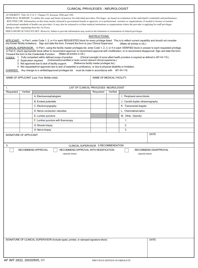 AF Form 2822 Clinical Privileges Neurologist AF Forms