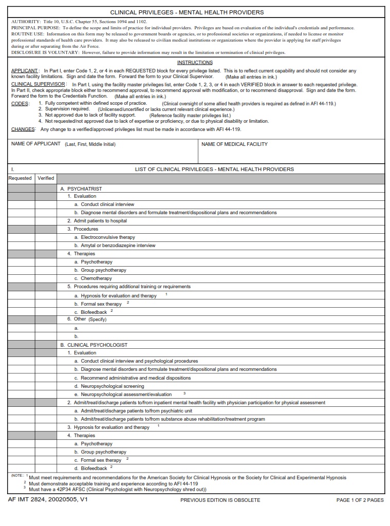 AF Form 2824 Clinical Privileges Mental Health AF Forms