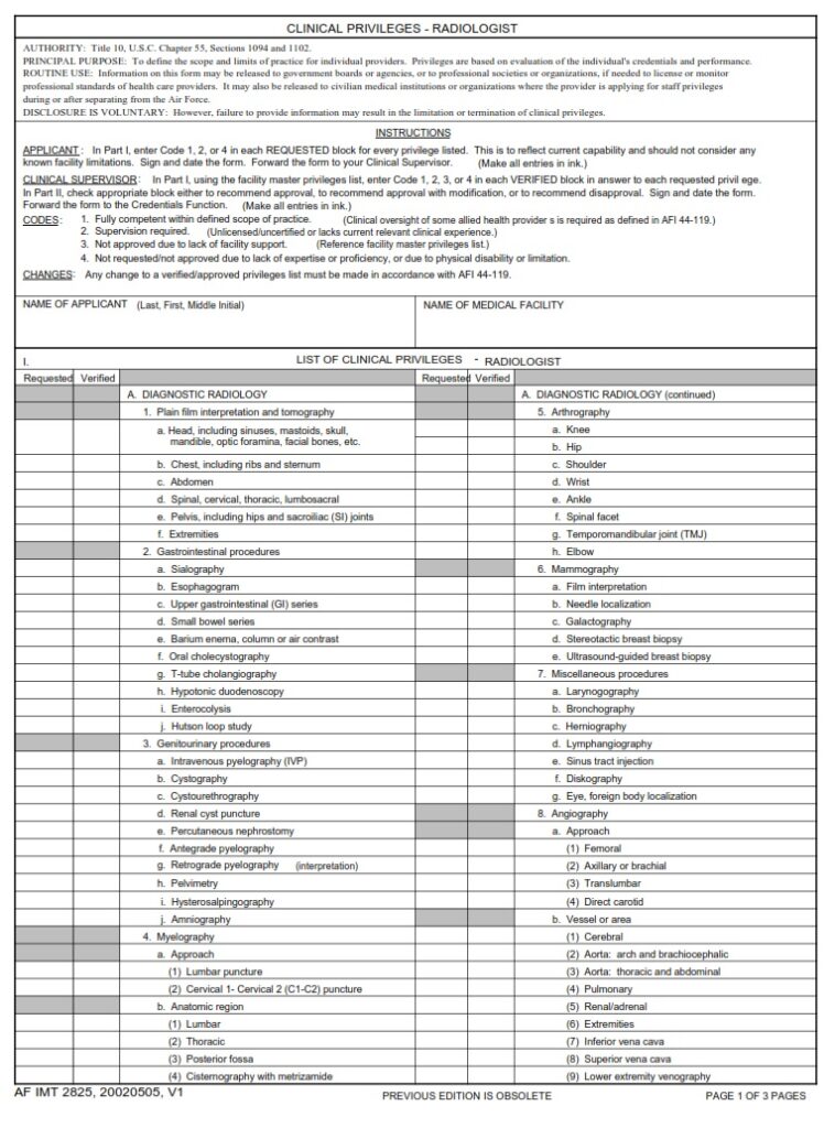AF Form 2825 Clinical Privileges Radiologist AF Forms af-form-2825-clinical-privileges-radiologist-af-forms