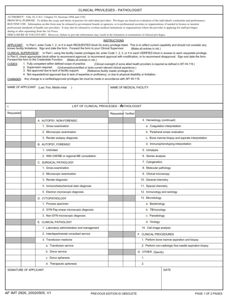 AF Form 2826 – Clinical Privileges – Pathologist - AF Forms