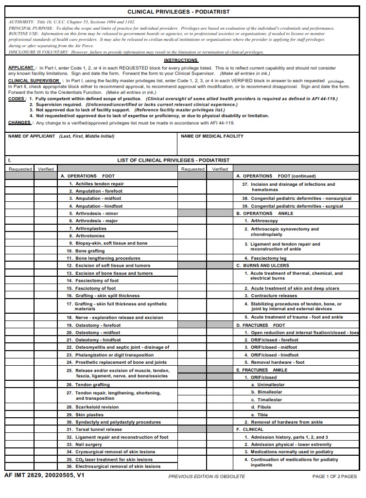 AF Form 2829 Clinical Privileges Podiatrist AF Forms