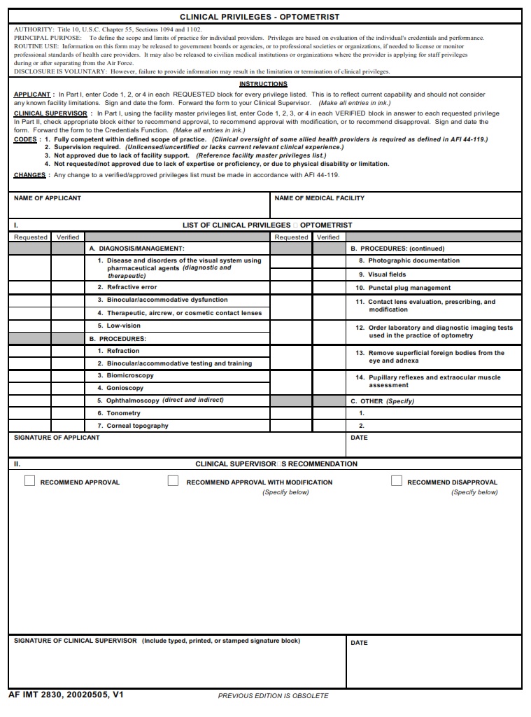 AF Form 2830 Clinical Privileges Optometrist AF Forms