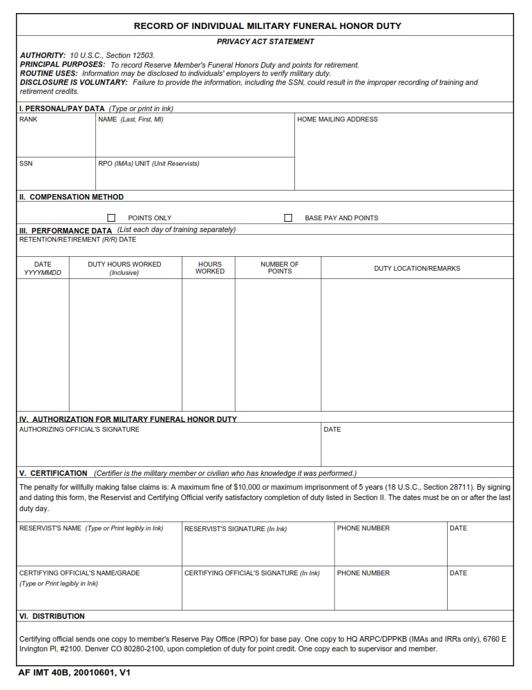 AF Form 40B Record Of Individual Military Funeral Honor Duty AF Forms