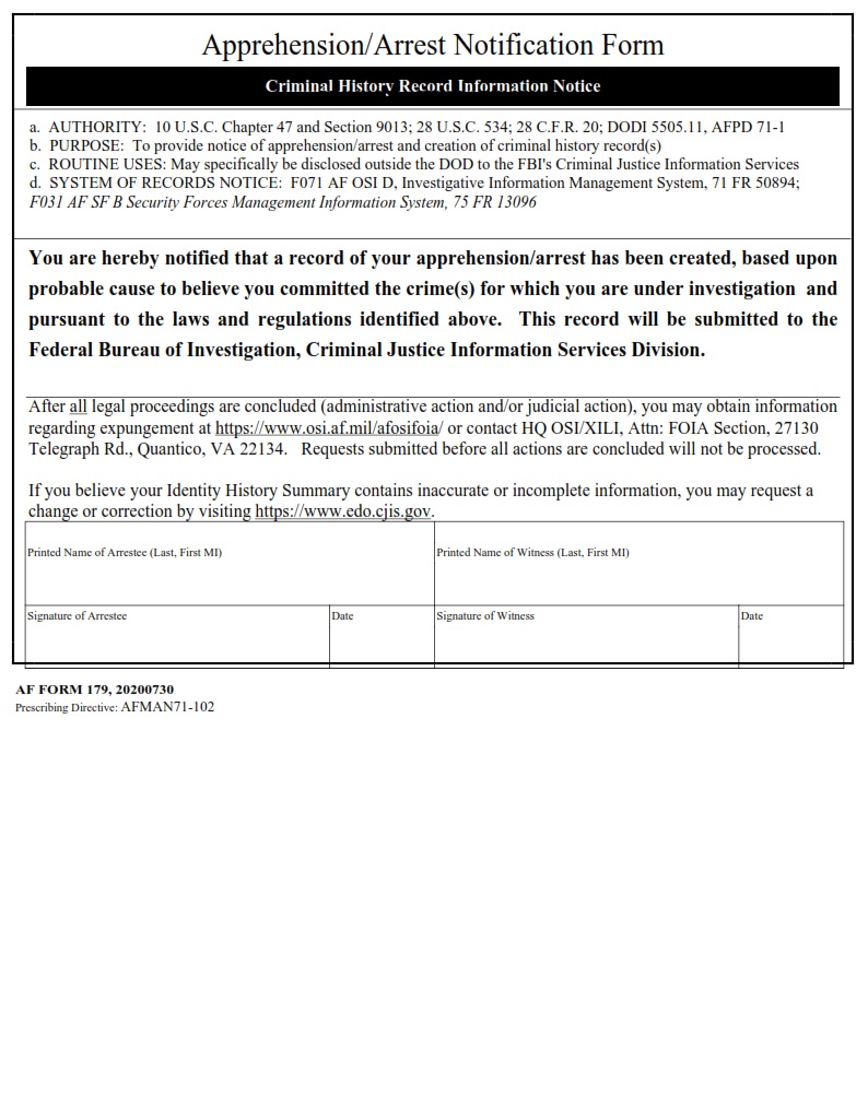 AF Form 179 Apprehension Arrest Notification Form AF Forms