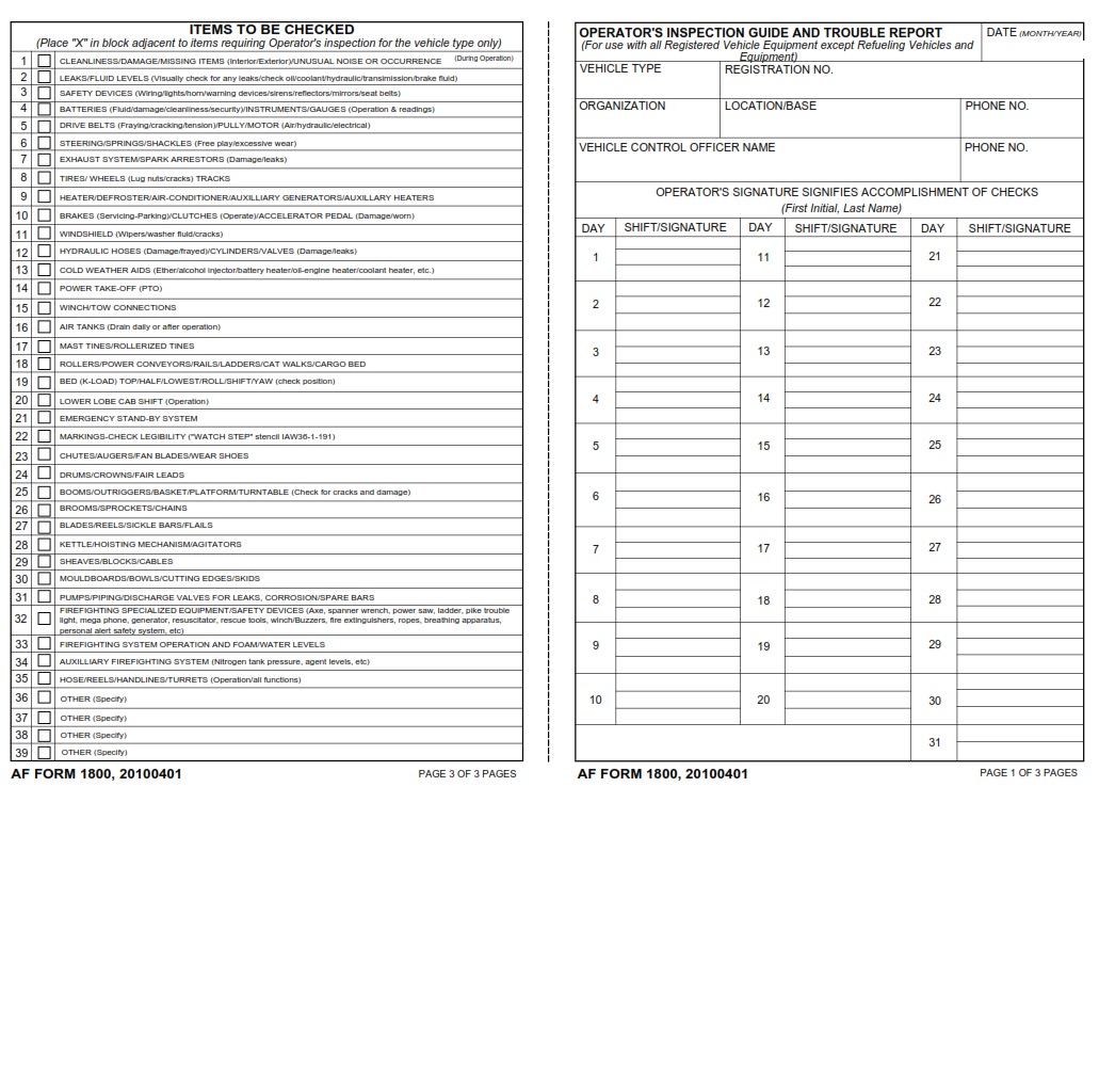 AF Form 1800 Operator s Inspection Guide And Trouble Report AF Forms