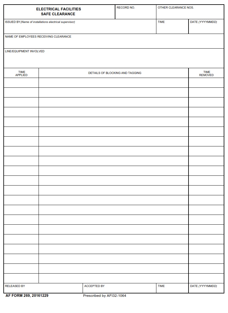 AF Form 269 Electrical Facilities Safe Clearance AF Forms