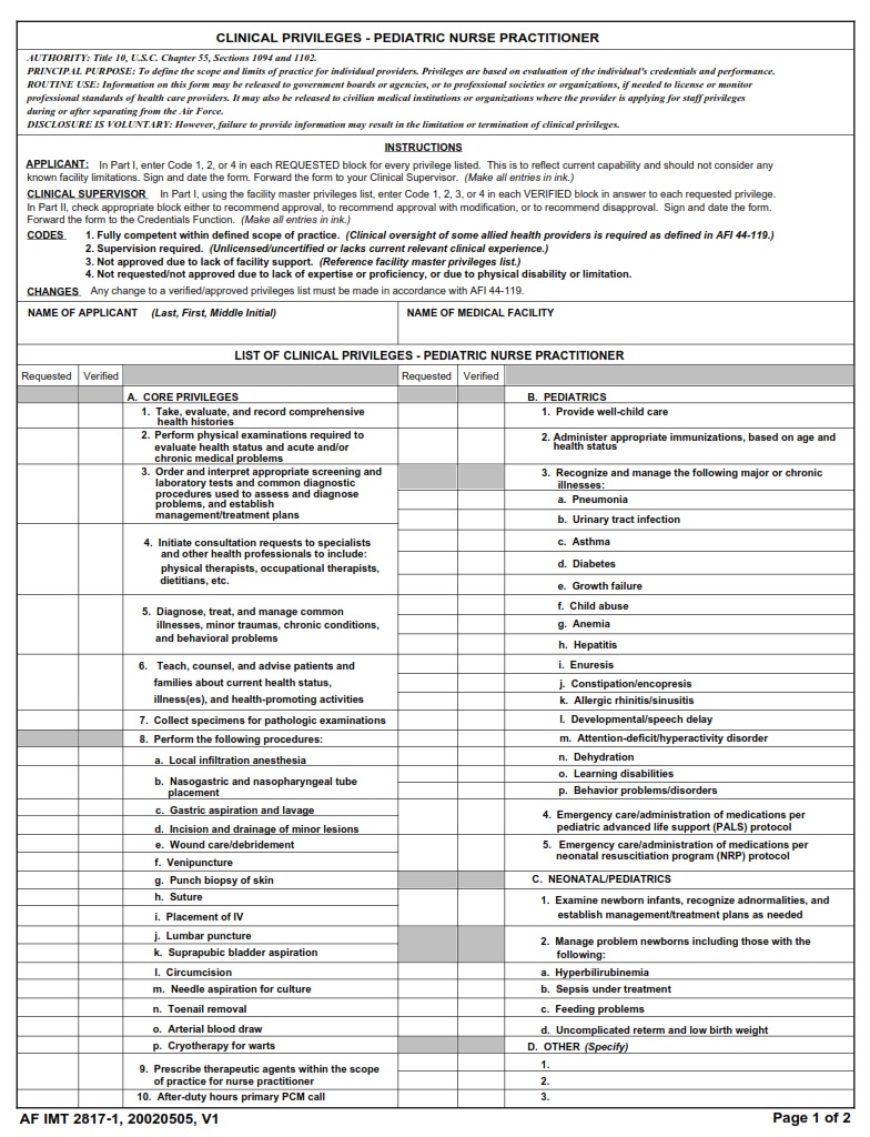 AF Form 2817 1 Clinical Privileges Pediatric Nurse Practitioner