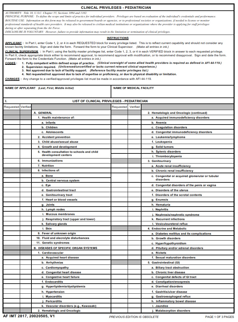 AF Form 2817 Clinical Privileges Pediatrician AF Forms