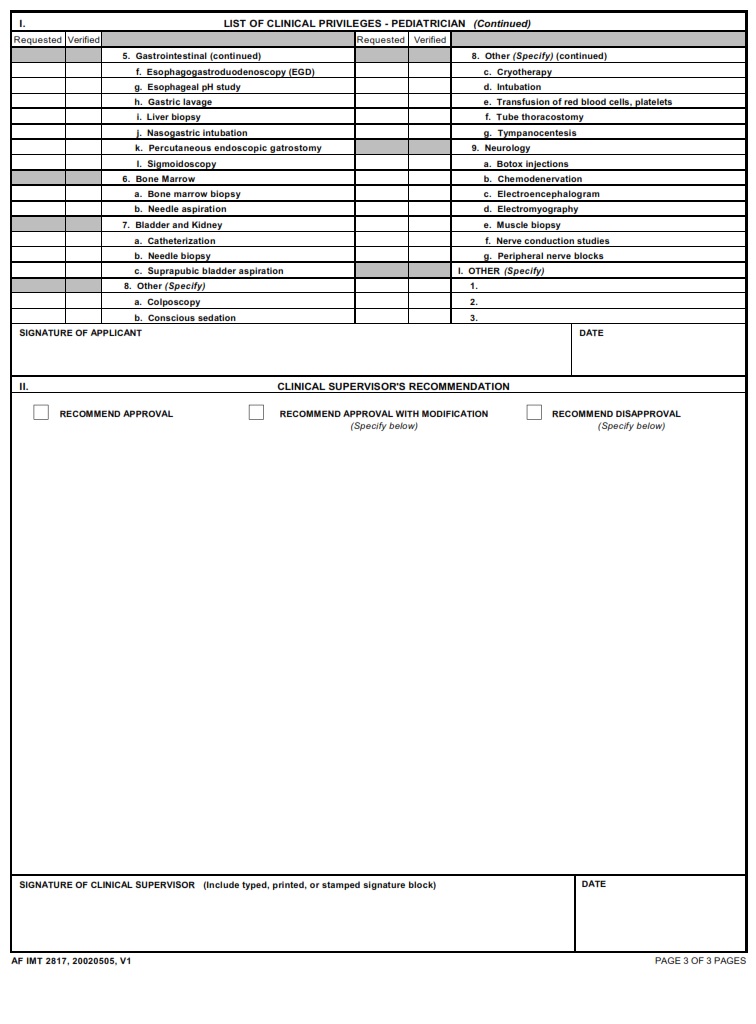 AF Form 2817 Clinical Privileges Pediatrician AF Forms