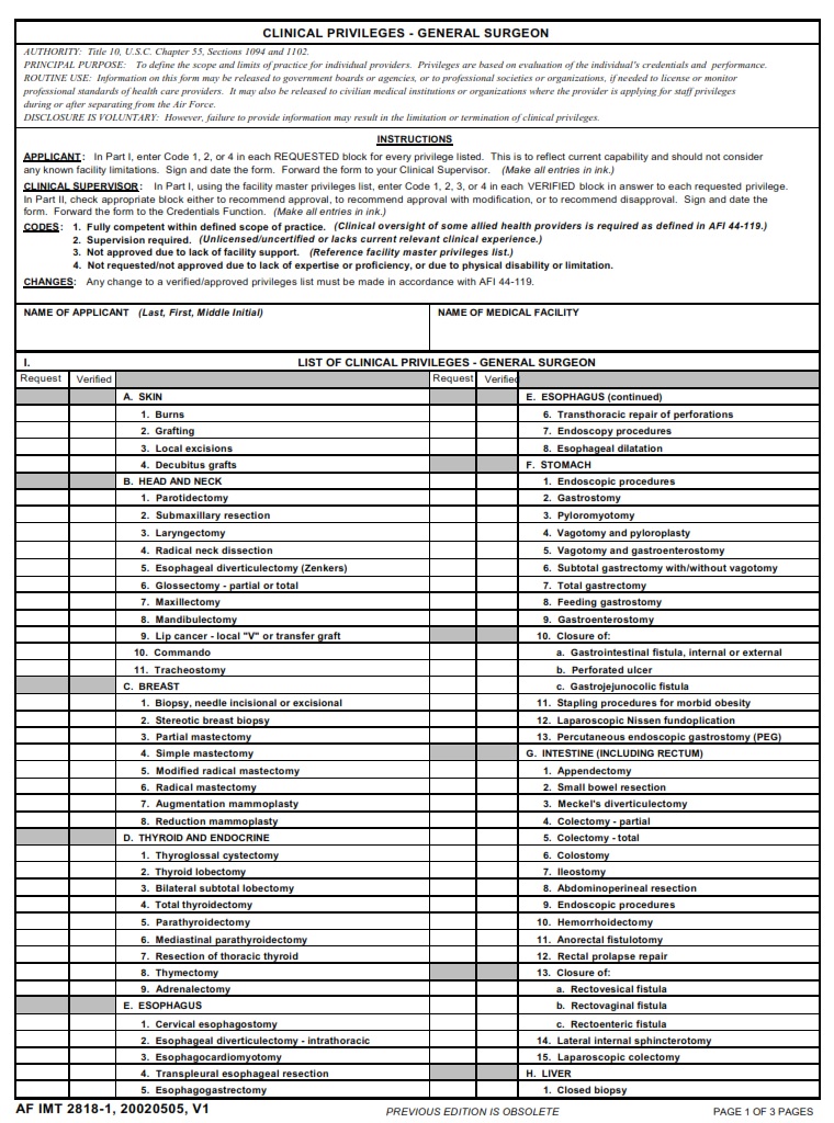 AF Form 2818 1 Clinical Privileges General Surgeon AF Forms