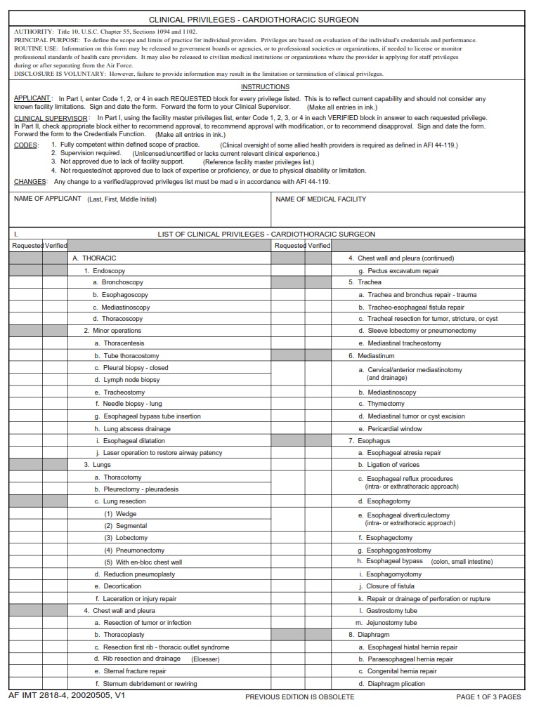 AF Form 2818 4 Clinical Privileges Cardiothoracic Surgeon AF Forms