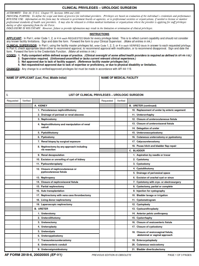 AF Form 2818 6 Clinical Privileges Urologic Surgeon AF Forms