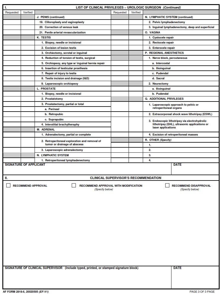 AF Form 2818 6 Clinical Privileges Urologic Surgeon AF Forms