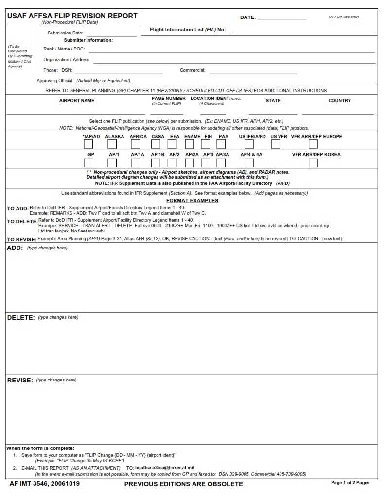 AF Form 3546 USAF Affsa Flip Revision Report AF Forms