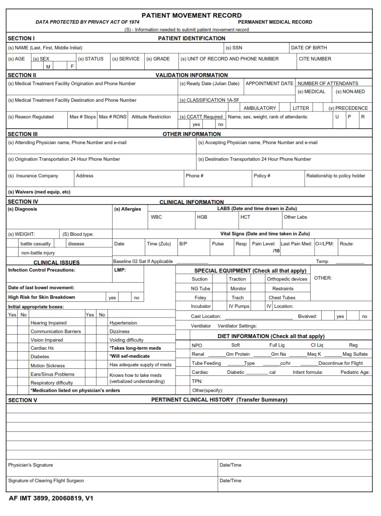 AF Form 3899 Patient Movement Record AF Forms
