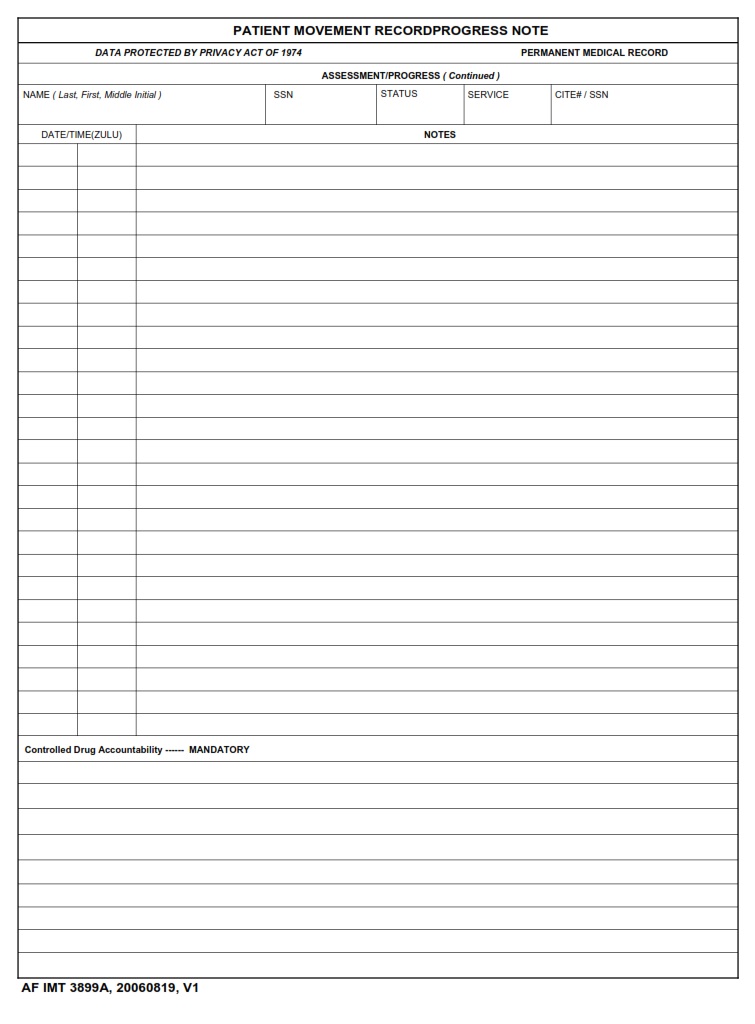 AF Form 3899A Patient Movement Record Progress Note AF Forms