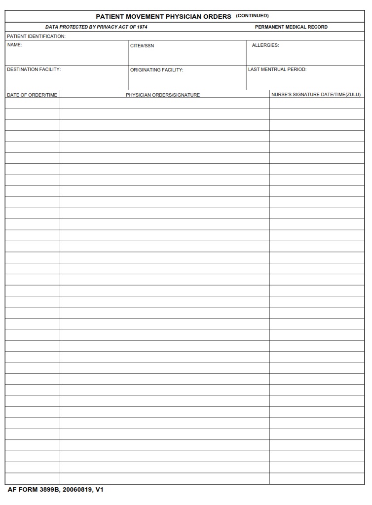 AF Form 3899B Patient Movement Physician Orders AF Forms