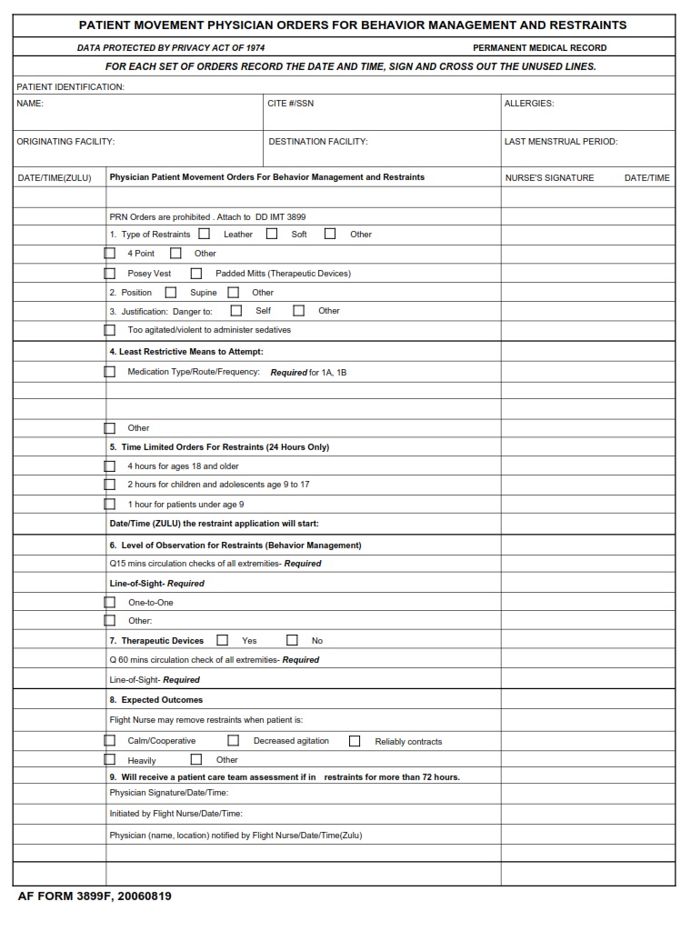 Af Form 3899f Patient Movement Physician Orders For Behavior Management And Restraints Af Forms 3796